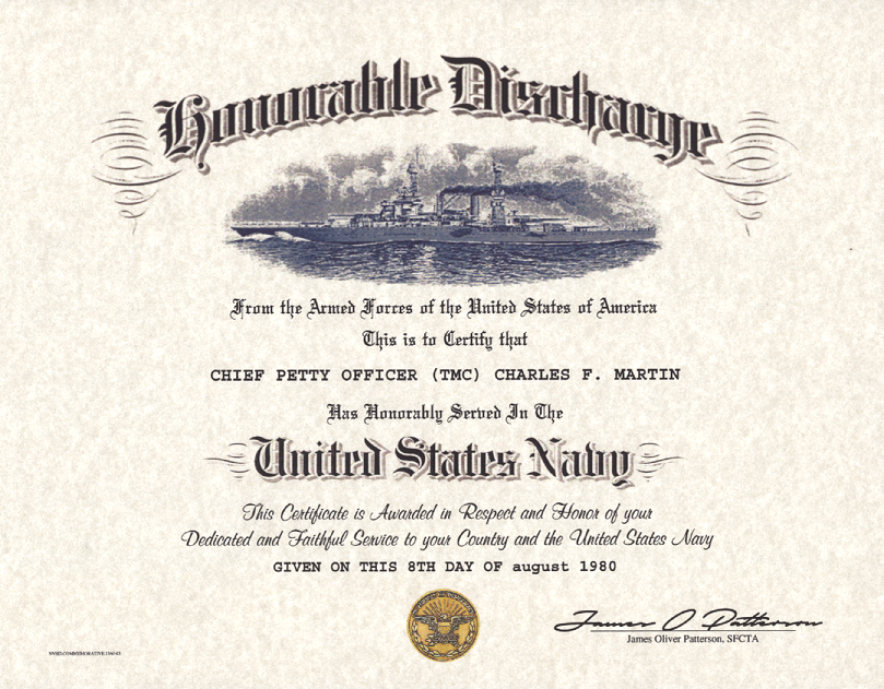 Navy Honorable Discharge Certificate Old Version