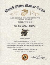 mos 8541 USMC Scout Sniper School Certificate