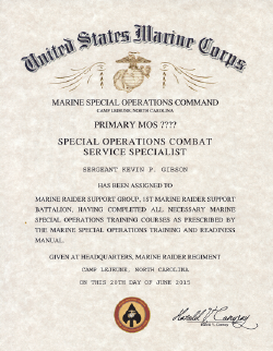 USMC Special Operations Combat Service Specialist Crtificate Crtificate