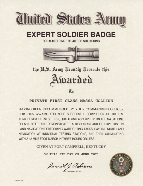 Army Expert Soldier Badge Certificate