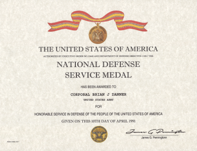 National Defense Service Medal certificate