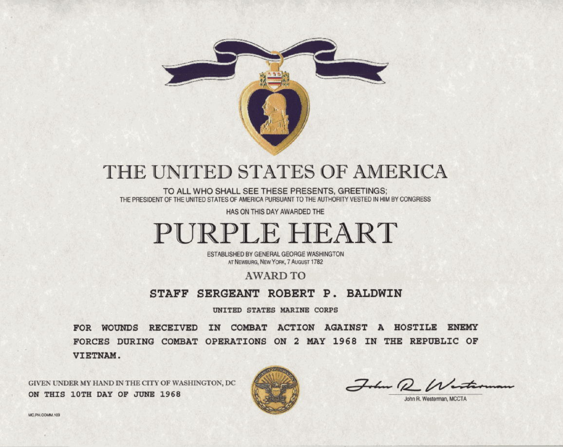 Purple Heart Medal Certificate Combo